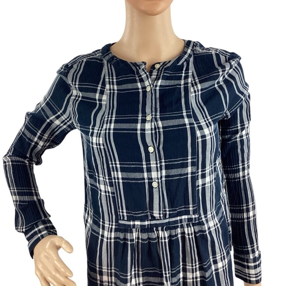 LOFT Navy Plaid Cotton Long Sleeve Tunic Top Size Small - Picture 2 of 7